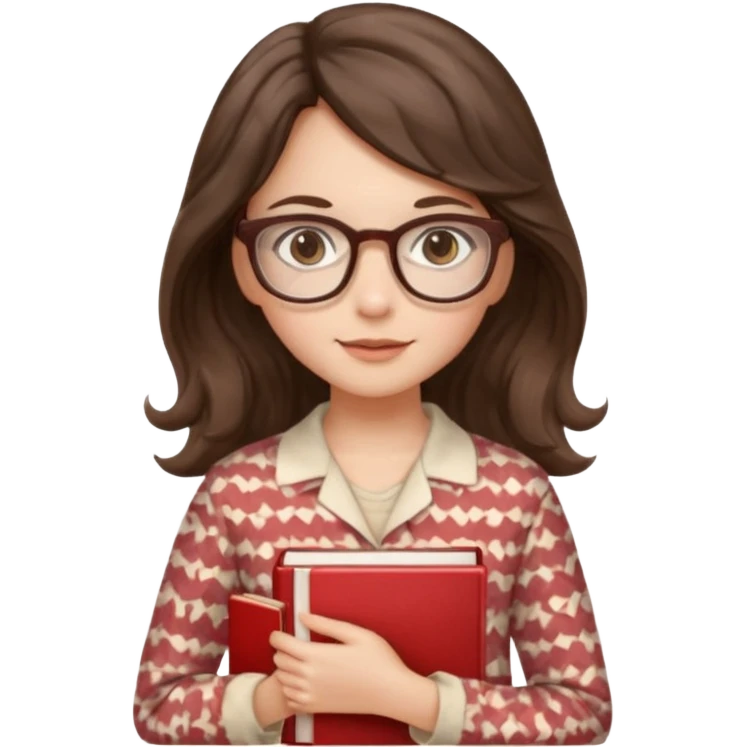 Миловидная девушка брюнетка с длинными  волосами на которых легка волна. карими глазами. В очках и в пижаме с книгой. Картинка должна были в цветах: бежевый, бледно красный, коричневый, белый emoji