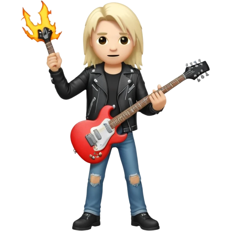 3D Apple-style emoji of a metal musician holding an electric guitar with a bold "ROCK" sign above. Long hair, black leather jacket, ripped jeans, intense expression. Rounded, glossy, smooth, soft shadows, white background.











 emoji