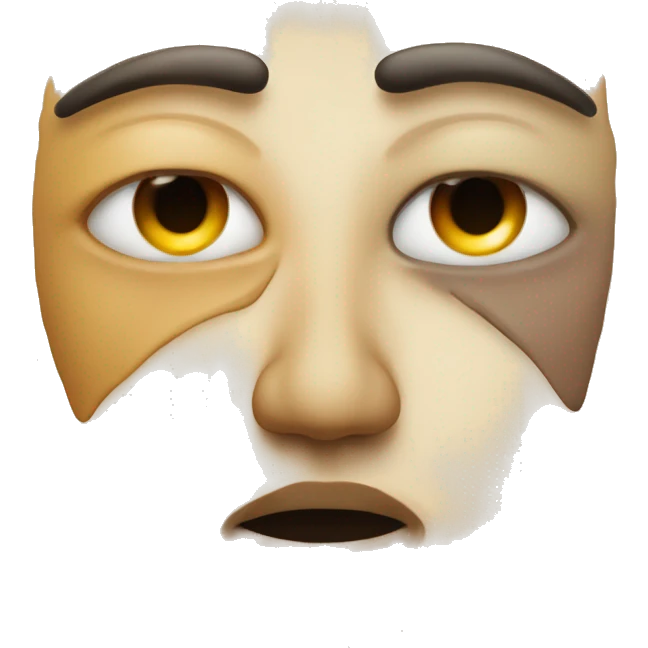 An abstract face divided in two, with one half in warm tones and expressing a faint smile, and the other half in cool tones with a soft tear. emoji
