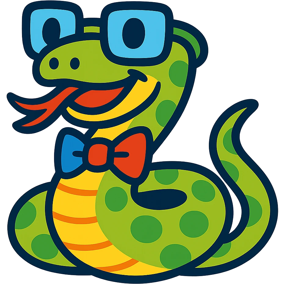 Add a colorful bow tie to the nerd snake with glasses, keep the background transparent. emoji