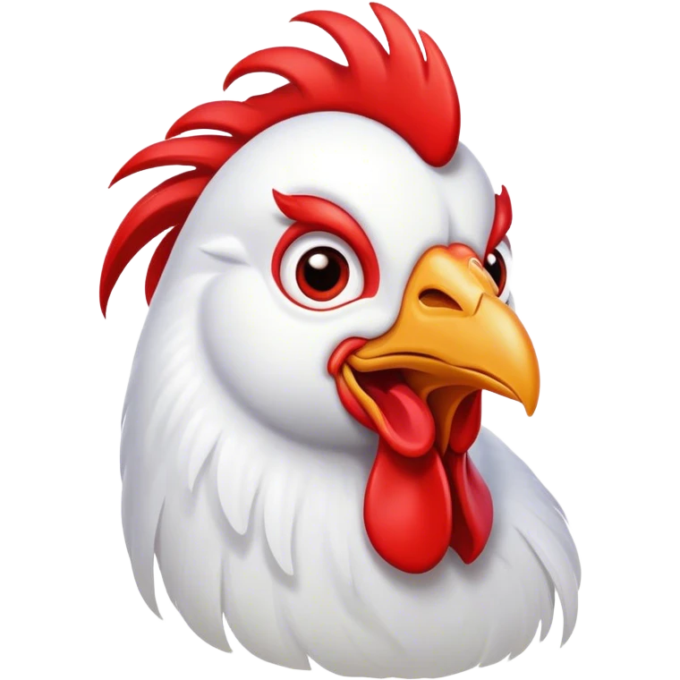 Cinematic Comical White Rooster Portrait Emoji, Head tilted dramatically with an exaggeratedly shocked or amused expression, featuring a striking pure white plumage with a bold red comb, wide, expressive eyes filled with playful disbelief, Simplified yet hilariously expressive features, highly detailed, glowing with a slightly sassy glow, high shine, dramatic yet playful, stylized with an air of cheeky mischief, bright and endearing, soft glowing outline, capturing the essence of a spirited and over-the-top rooster, so meme-worthy it feels like it could crow its way into internet fame instantly! emoji