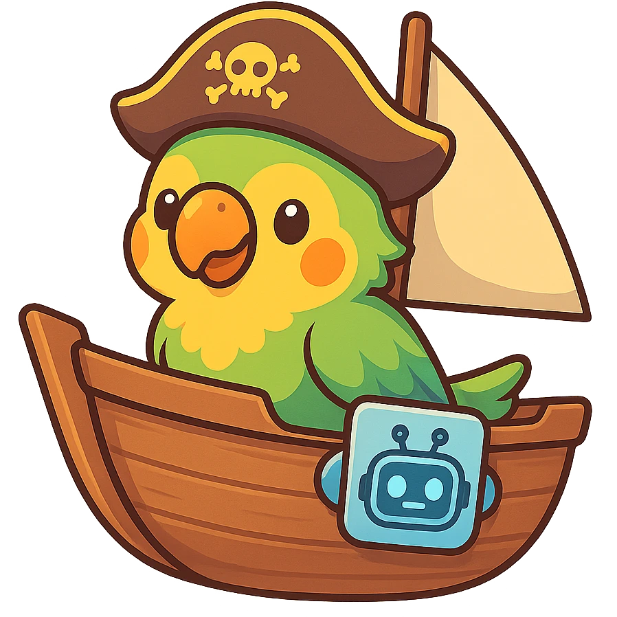 shippit-parrot style parrot in a boat, featuring a clear AI/copilot icon robotic or digital as part of the ship, vibrant animated style emoji