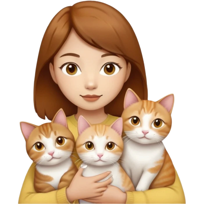 Asian girl, brown hair, brown eyes skin tone almond holding three cats one ginger, one yellow white one British short hair cream colour emoji