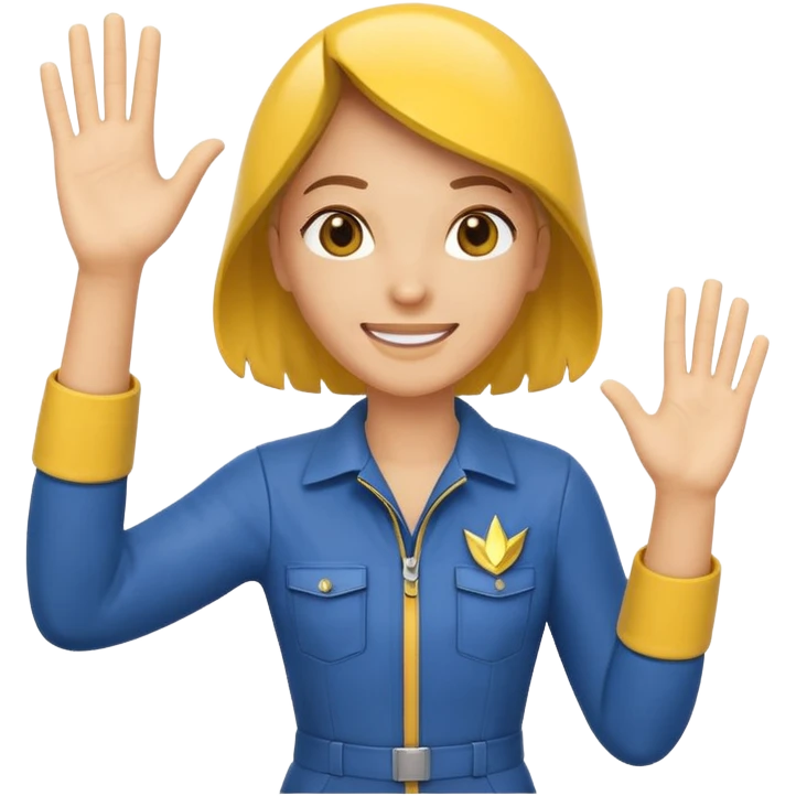 cheerful Vault Dweller in classic blue-and-yellow jumpsuit, waving emoji