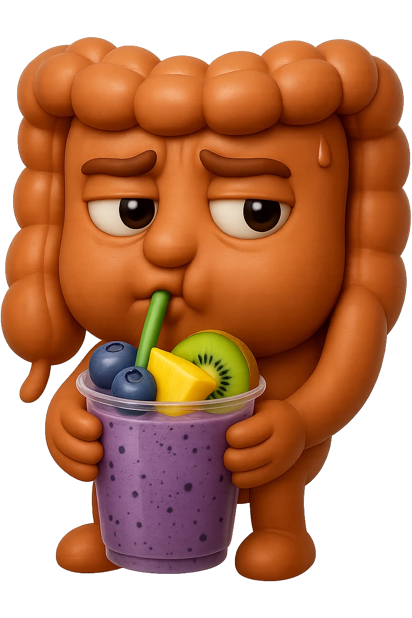 EMOJI STILE IPHONE DI un intestino umano anatomico che beve un frullato di mirtilli, ananas, kiwi, fagli anche la parte bianca degli occhi, non solo le pupille, REALISTICo 4K emoji