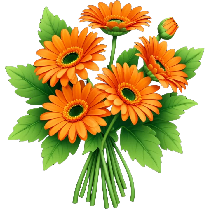 bouquet Vibrant Orange Gerbera Daisy, luxuriant, leaf, bud emoji