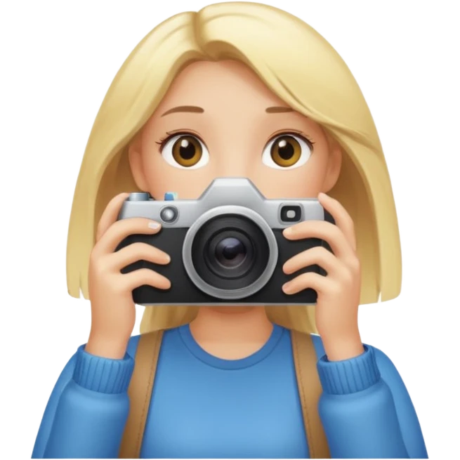 blonde cartoon girl taking picture camera in front of her face emoji