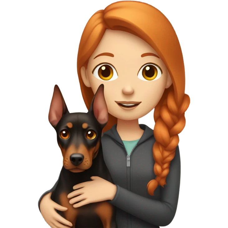 Girl with ginger hair holding a Doberman emoji