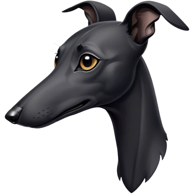 Cinematic Noble Black Greyhound Portrait Emoji, Poised and regal, with a lean, graceful build and a sleek, jet-black Fur, deep-set soulful dark eyes, Simplified yet sharp and sophisticated features, highly detailed, glowing with a soft, dignified glow, high shine, intelligent and swift, stylized with an air of elegance, focused and attentive, soft glowing outline, capturing the essence of a watchful and commanding racer, so majestic it feels as though it could sprint out of the screen with effortless authority! emoji