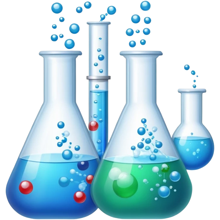 An icon featuring laboratory flasks with tubes, symbolizing chemistry. The design includes liquid and powder substances, a chemical reaction with bubbles, and molecular formulas, representing chemical processes like hydrolysis. Transparent background emoji