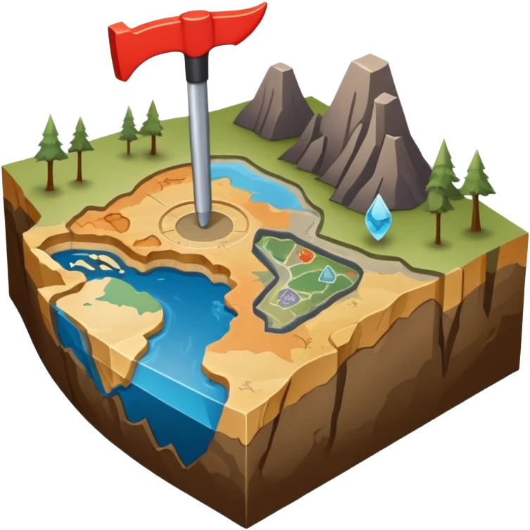 An icon featuring a crowbar and a geological map, and layers of Earth’s crust, symbolizing geology. The design includes mineral samples, fossils, and tectonic plates, representing the study of Earth’s structure and natural processes. Transparent background highlights geological exploration emoji