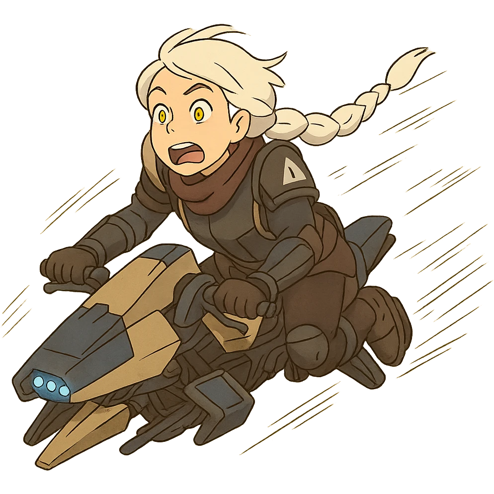 1 female, white hair long braid, gold yellow eyes, no helmet, a novice warlock from Destiny 2 armor,, futuristic technology,, level 1 warlock, flying out of control on a sparrow emoji