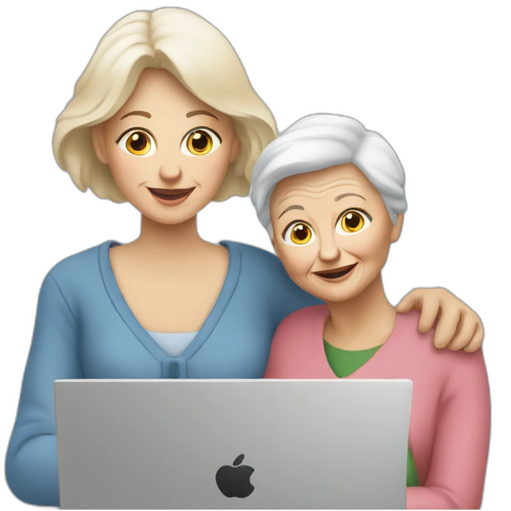 White woman holding old woman’s hand gazing into laptop emoji