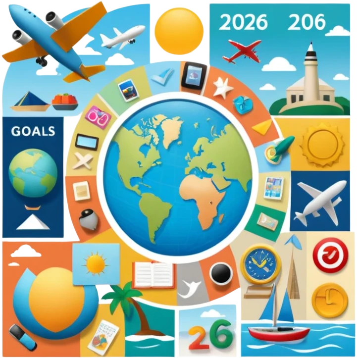 An extremely detailed lifestyle vision board collage for the year 2026. emoji