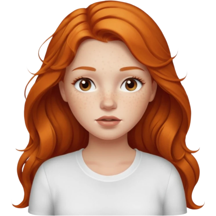 A pretty white girl with freckles long lashes plump lips and ginger long hair pretty and she’s wearing a white shirt emoji