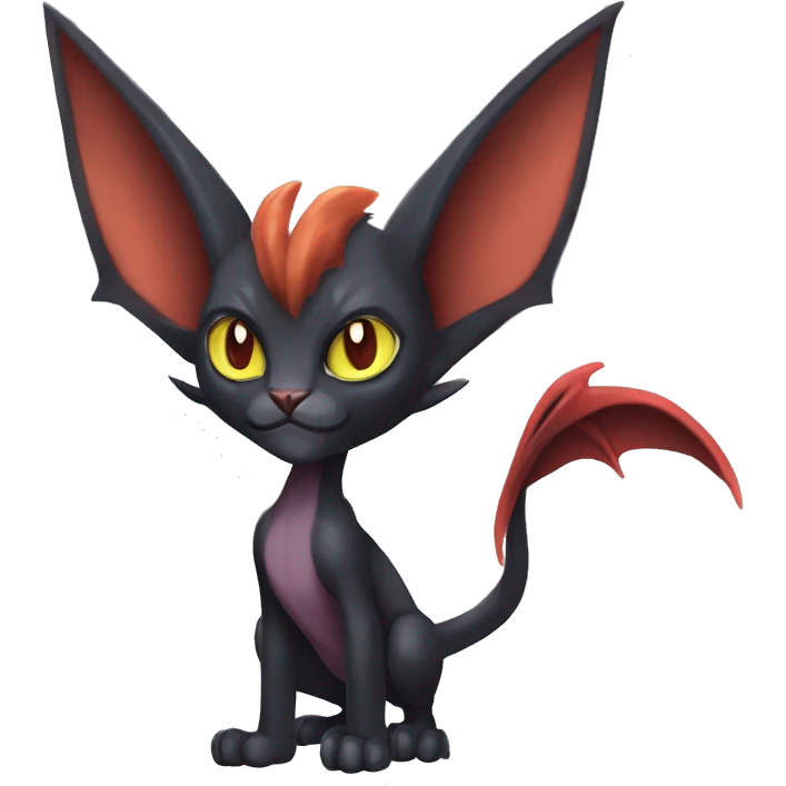 Black cool vampiric Noivern-Litten-Sphynx-Lykoi-Caracal-Fakemon with big bat ears full-body emoji