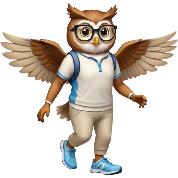 friendly anthropomorphised owl with visible wings, in pants and a shirt, wearing glasses, jogging upright, standard pose emoji