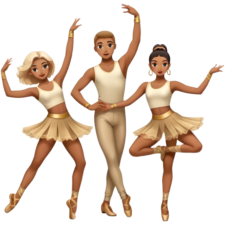 "Icon for Contemporary Dance: a synchronized guys and girls group performance on stage with backup dancers, bright stage lighting, and stylish dance outfits. The icon should capture the energy, precision, and excitement of a modern group dance performance. Transparent background. emoji