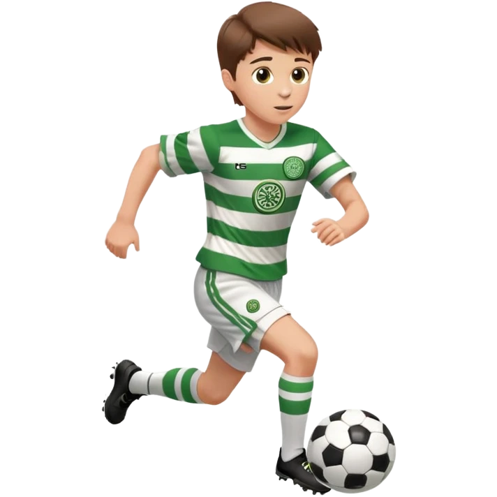 Celtic footballer jersey logo  6 years old brown hair white boy , brown eyes , stripes uniform , RUNNING  with soccer ball # 17 celtic football logo PUT ONLY ONE LOGO ONE CELTIC LOGO ONLY white shorts emoji