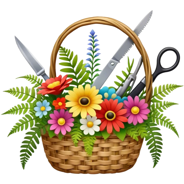 Icon for Floristry: a woven basket with flowers, reeds, ferns, bright ribbons and a small plush toy. Add big garden scissors and knife above. The icon should represent creativity in flower arrangement and decorative design. Transparent background. emoji