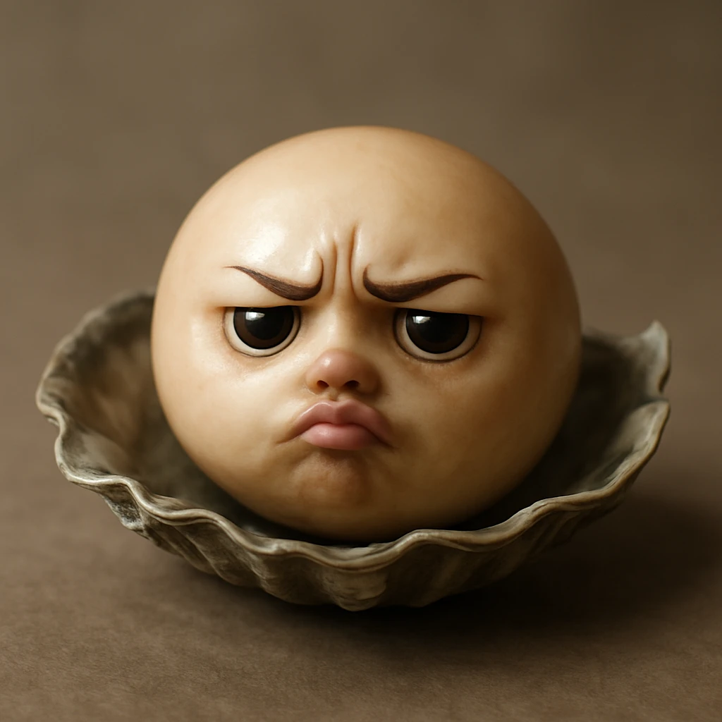 A cute oyster with a pouty expression, pursed lips, and furrowed eyebrows, in photorealistic style. emoji