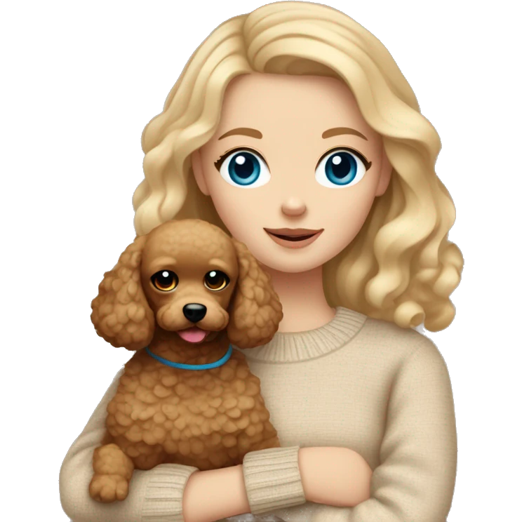 Pretty blue eyed white girl with blonde wave hair in a beige sweater holding a brown sweet toy poodle emoji
