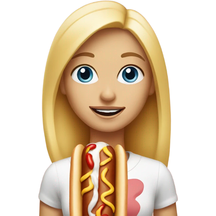 Blonde girl with blue eyes with a hot dog emoji