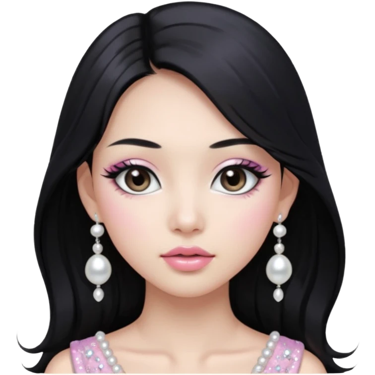 asian long black hair silver grey eyes glossy lips glittery white and light pink eyeshadow girl pearl earrings emoji