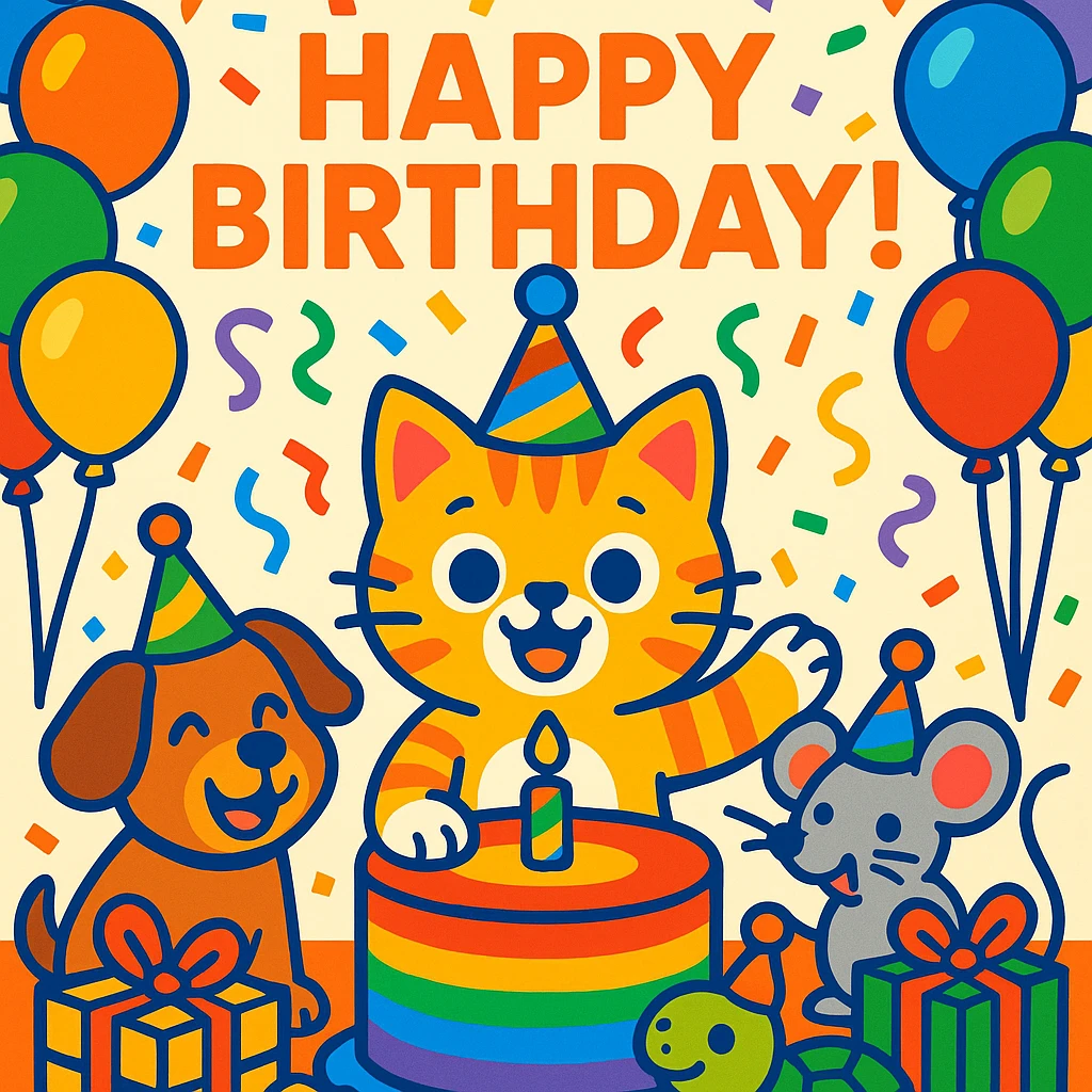 vibrant-toon style birthday party scene with a rainbow color theme including rainbow balloons, multicolored decorations, confetti, a large rainbow birthday cake, gifts, and a festive atmosphere. Main character is a ginger tabby kitten wearing a birthday hat, surrounded by a puppy, turtle, and mouse also celebrating. Prominent 'Happy Birthday!' message included in the scene. emoji