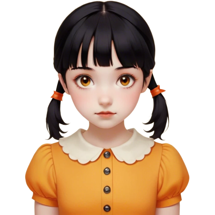 Face: Round with a porcelain-like finish, slightly eerie but innocent expression.
	•	Eyes: Large, dark, and slightly glossy, with a red sensor-like glow when activated.
	•	Hair: Black, neatly tied into two low pigtails with short bangs.
	•	Outfit: Yellow-orange short-sleeved shirt with a Peter Pan collar and a high-waisted orange jumper dress.
	•	Details: A small, unsettling smile and a slightly tilted head to capture her eerie nature. emoji
