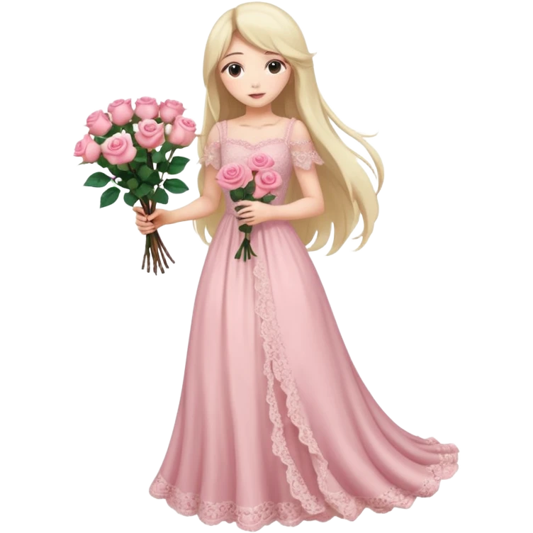 pastel anime woman with long hair pink roses lace dress full body emoji