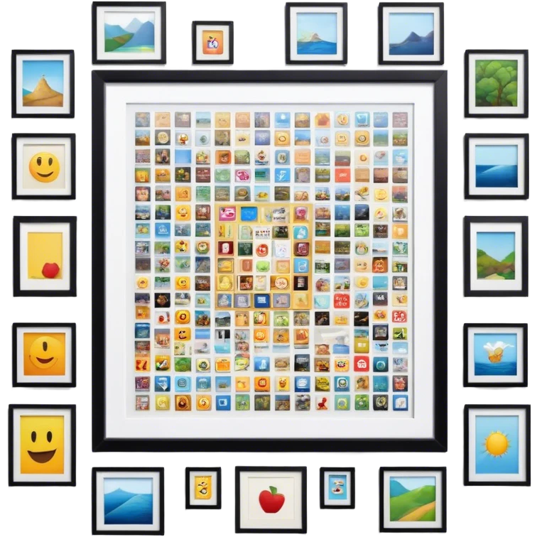 Icon for Photograph and Poster Collecting: a large poster in the center, surrounded by various-sized framed photographs. The icon should capture the charm of collecting photos and posters, arranged artistically on a wall. Transparent background. emoji
