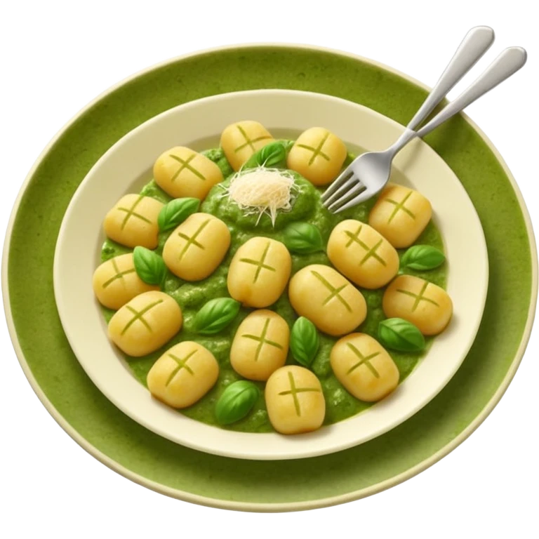Gnocchi Cinematic Realistic Gnocchi Dish Emoji, depicted as tender oblong potato gnocchi garnished with iconic fork marks on top, rendered with soft textures and warm, inviting lighting. add green pesto sauce emoji