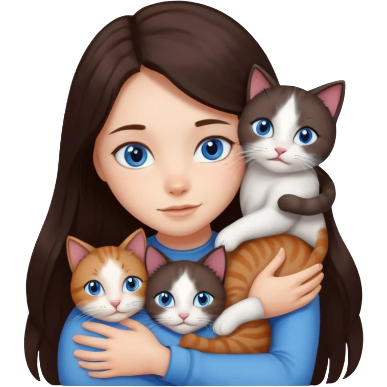 a girl with long dark 
brown hair, with blue eyes, hugs 3 different natural coloured cats emoji