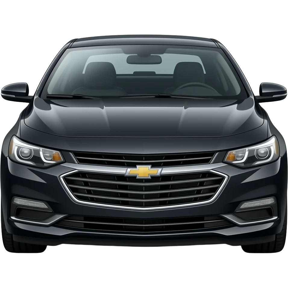 A realistic, high-detail photograph of a glossy black Chevrolet Malibu 2 Turbo Premier sedan with tinted windows, headlights on the front and black alloy rims. emoji