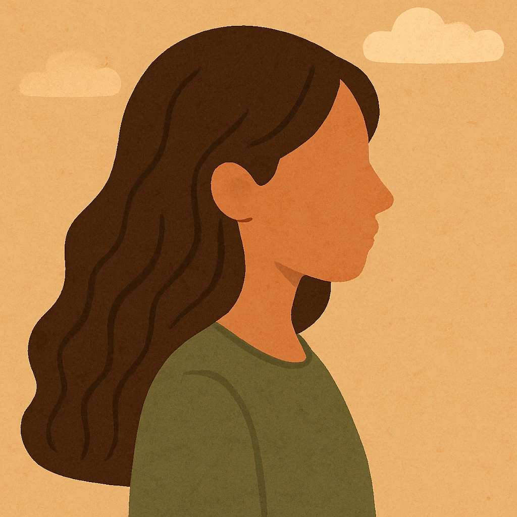 Make the faceless Asian woman with long, wavy hair face sideways in flat warm colors style. emoji