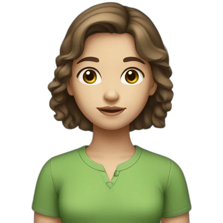 A young girl with white skin, brown hair, brown eyes, and a green shirt  emoji