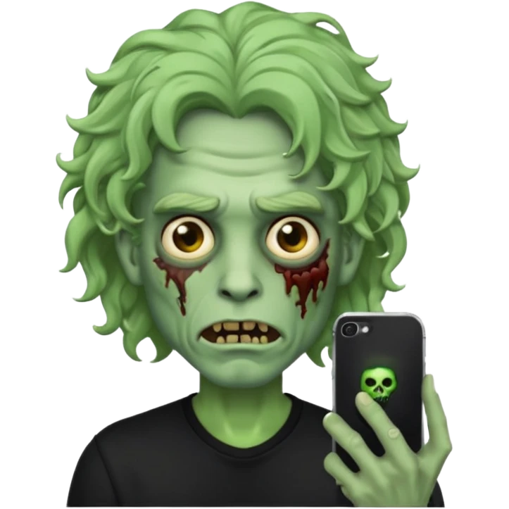 Emoji masculino de zumbi estilo iPhone,com cabelo ondulado grande, camisa preta e brincos emoji