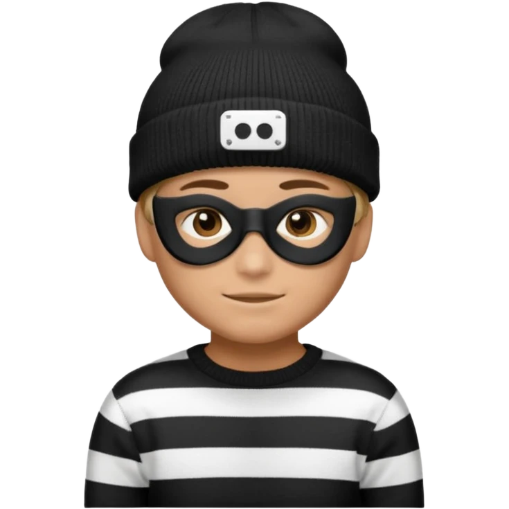boy emoji with black knit beanie, thin black domino mask, and a black-and-white horizontally striped sweater emoji