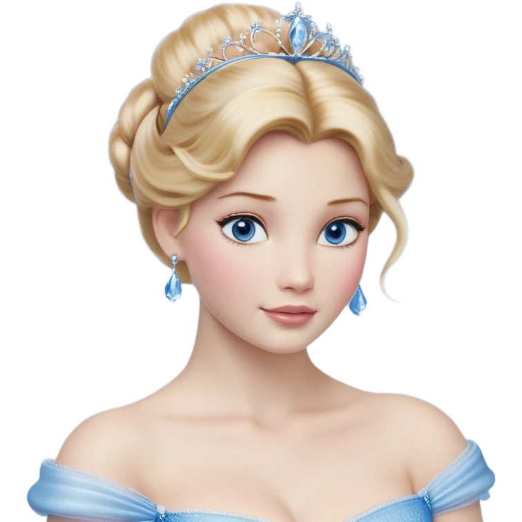 Cinematic Realistic Cinderella Portrait, depicted with lifelike skin texture, subtle rosy undertones, and soft natural lighting that enhances the gentle contours of her face. Her intricately detailed golden blonde hair is elegantly styled in an updo, with delicate wisps framing her face for added realism. Her deep, expressive blue eyes radiate warmth and sincerity, reflecting a quiet resilience and grace. She is dressed in her iconic ball gown, the fabric shimmering with intricate embroidery and fine translucent layers that catch the light beautifully. The soft sheen of satin gloves and the delicate sparkle of a glass-like slipper peeking from beneath her dress add a touch of magical realism. The portrait features an enchanting glow with a natural, luminous finish, seamlessly blending realism and fairytale charm to evoke a sense of depth, elegance, and timeless beauty. emoji