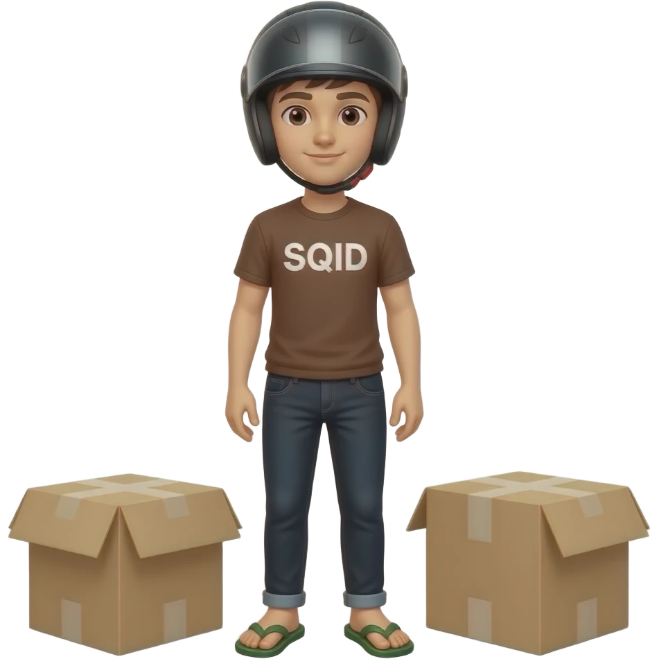 young man with black jeans and a brown shirt with SQID written on it wearing a black motorcycle helmet and green slippers standing behind 2 boxes emoji