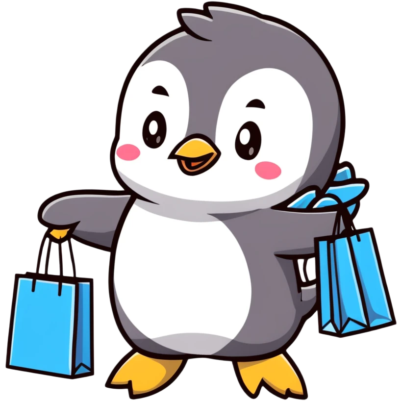 kawaii baby penguin at a shopping mall with shopping bags emoji
