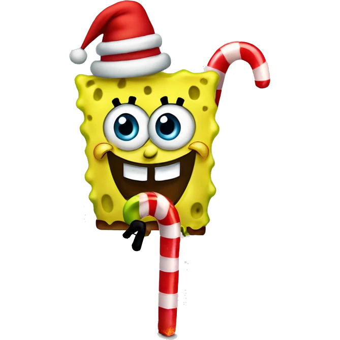 SpongeBob SquarePants with Christmas hat and candy cane  emoji