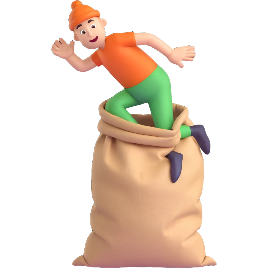 a man with both legs inside of a sack up to the waist, jumping, cartoonish, bright colors, 3D style emoji
