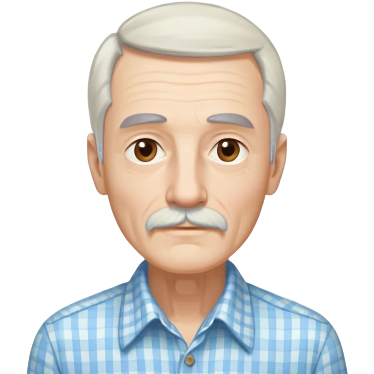 Skinny man in his 70s with fair skin. Long narrow face. Gentle light brown eyes. Fine straight white hair with light bangs touching eyebrows. Thin eyebrows. White goatee connected to mustache. Slender appearance. Wearing a light blue and beige checkered button-up shirt. emoji