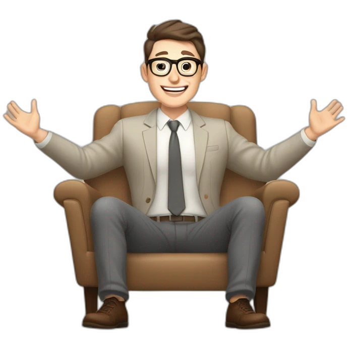 Joyful Celebrating victory Hands up Pale skinned Fit Man With dark brown hair in gray jacket, beige office shirt, Brown pants and vintage glasses sitting In a soft chair emoji