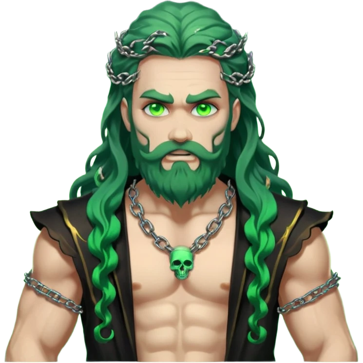 hades greek god with green flames and beard with chains on his arms and neck, Long wavy hair. He has some skull accessories Dynamic pose emoji
