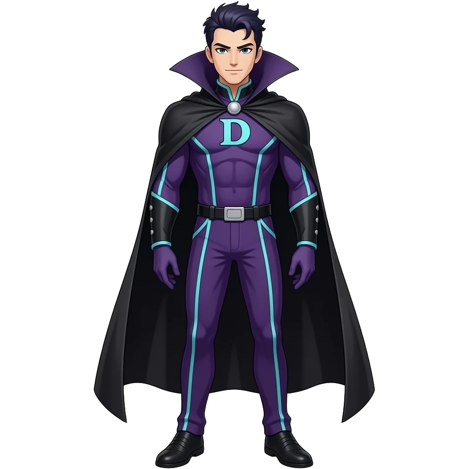 Anime men supervillain suite dark purple and cyan lines long black cape letters D full body emoji