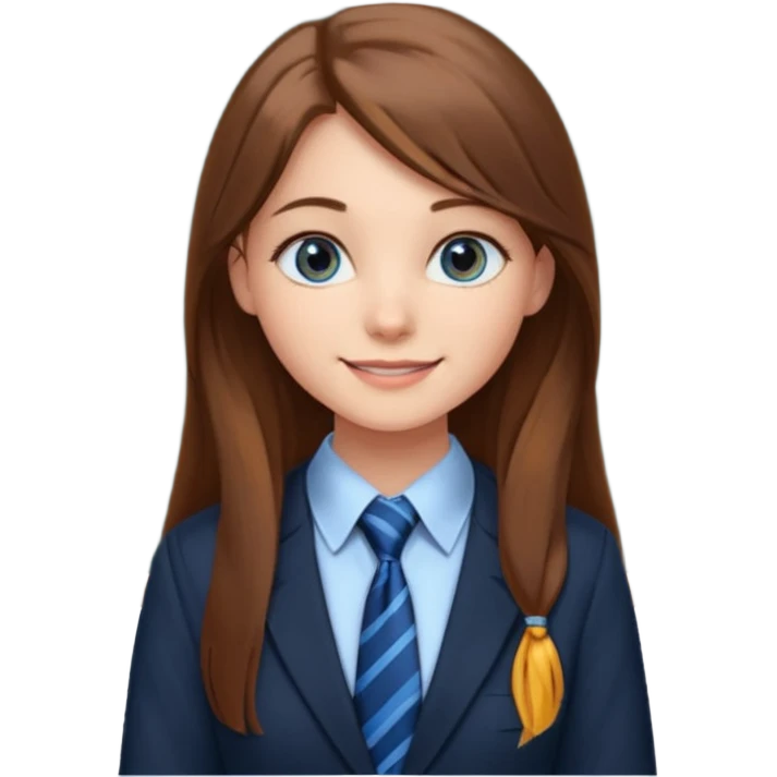 high school class room with a pretty female high school student with long brown hair, blue eyes, wearing a tie, sitting in front of the blackboard emoji