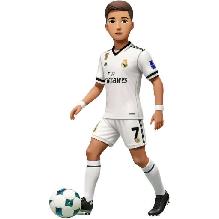 A 3D hyper-realistic male football player wearing a classic Real Madrid home kit, featuring a white jersey with black collar and cuffs, number 7 on the chest and shorts, and the Real Madrid logo. The outfit includes white shorts, white knee-length socks with black stripes, and white football shoes. The background is a smooth green gradient. The player's physique is muscular and athletic, standing in a neutral pose. emoji